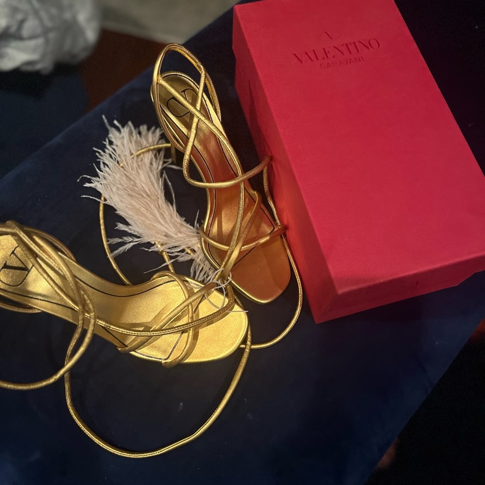 Valentino high heel sanders with wrap around strap and feathers